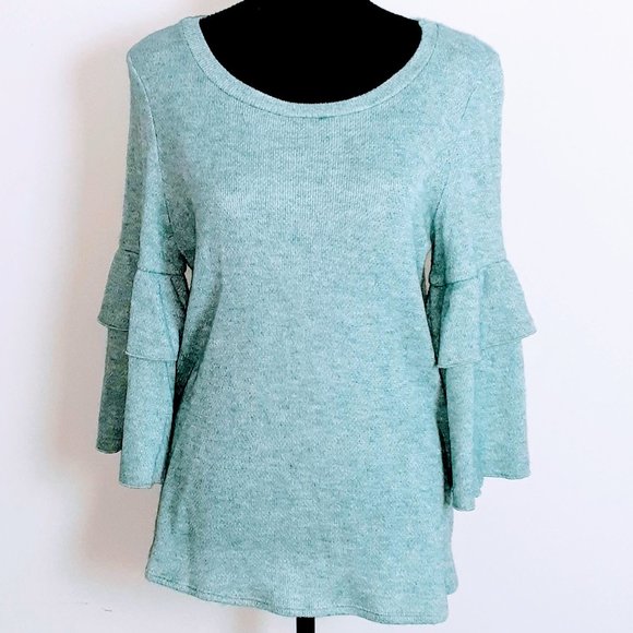 Fantastic Fawn Teal Blue Knit Top Ruffled Sleeves - Picture 1 of 3